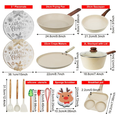 Cookware Set ABKOK 7-, 12- or 15-Piece Beige Pots and Pans with Lids, Steamer and Utensils