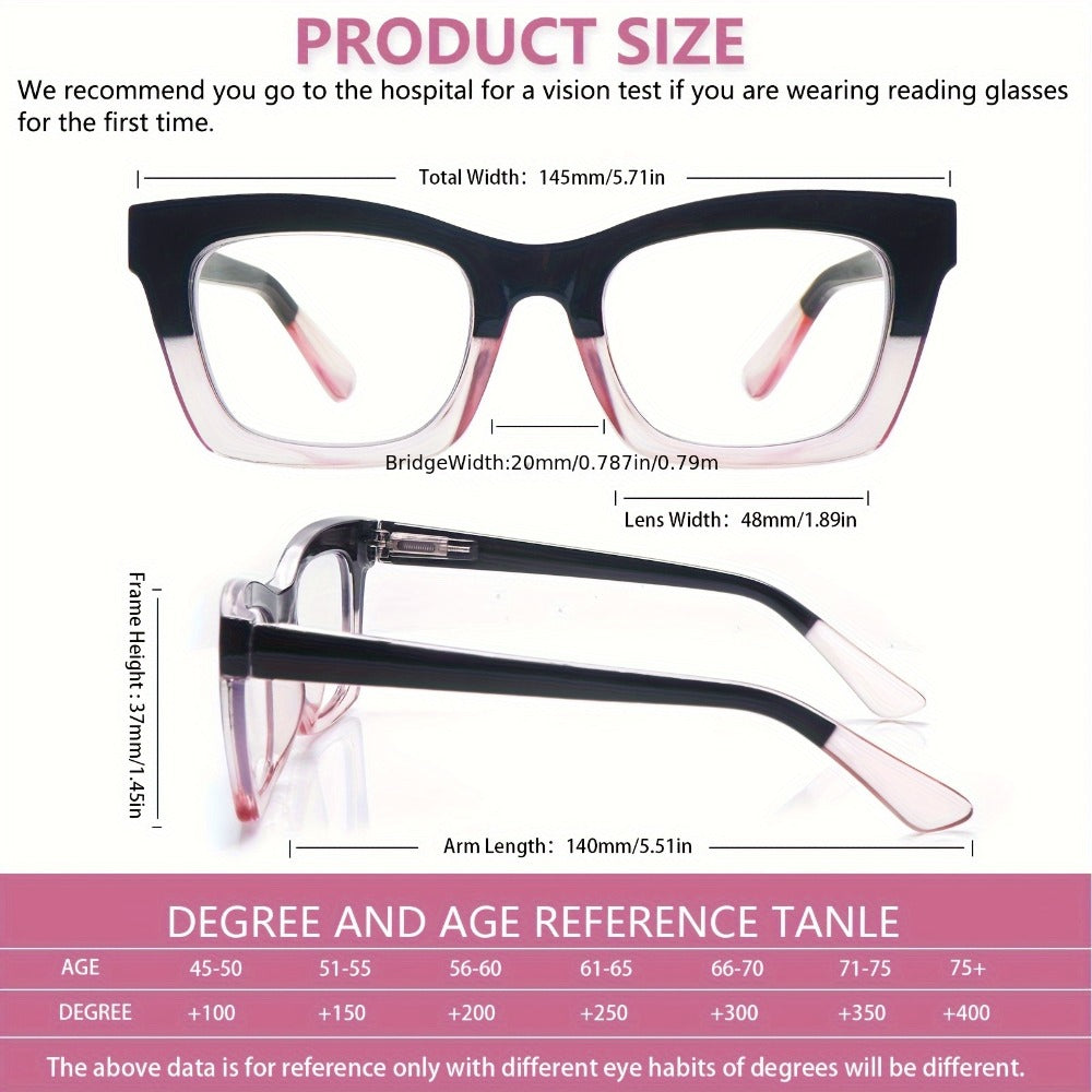 Reading Glasses – Three-Pair Square Reader Set with Spring Hinges, Cloths and Bags with Multiple Strength and Color Options