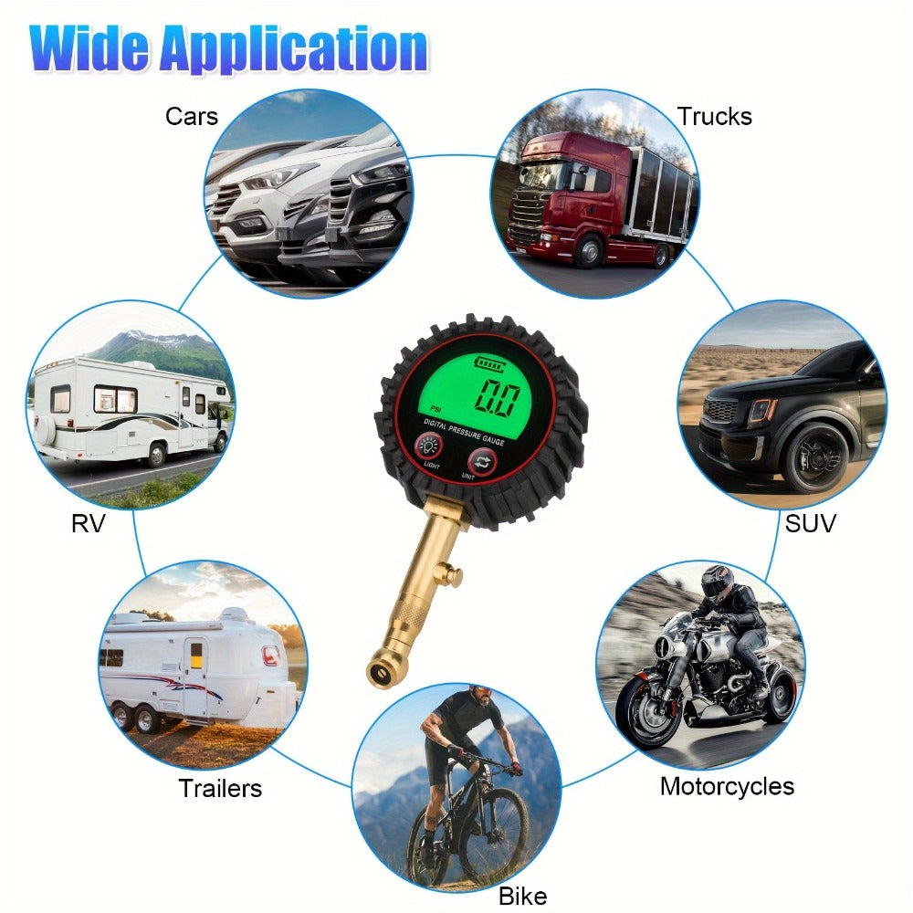 Digital Tire Pressure Gauge LCD 3-255 PSI – 4-Unit Display (PSI/Bar/KPa/kg㎡), Green Backlight, 360° Chuck, Auto Shut-Off for Cars, Trucks