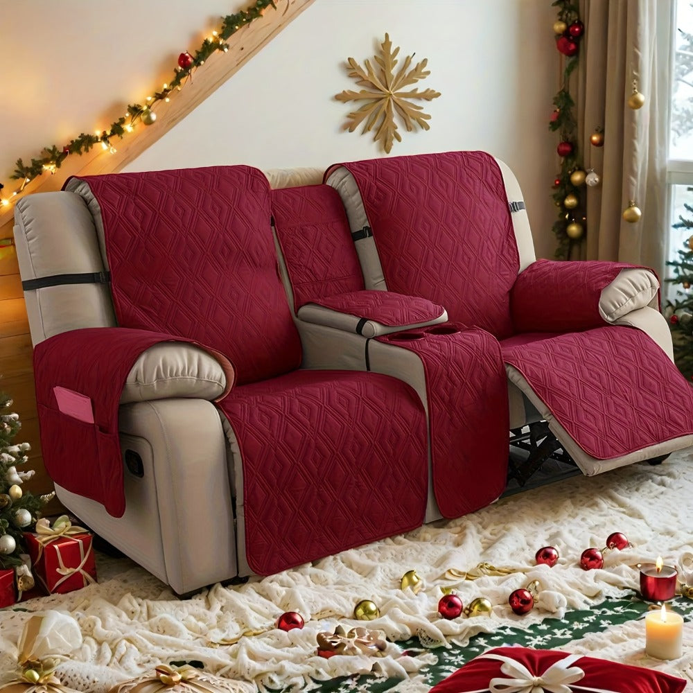 Recliner Loveseat Cover 4 Piece Set Waterproof Split Dual Recliner Sofa Slipcover with Center Console Cover & Straps