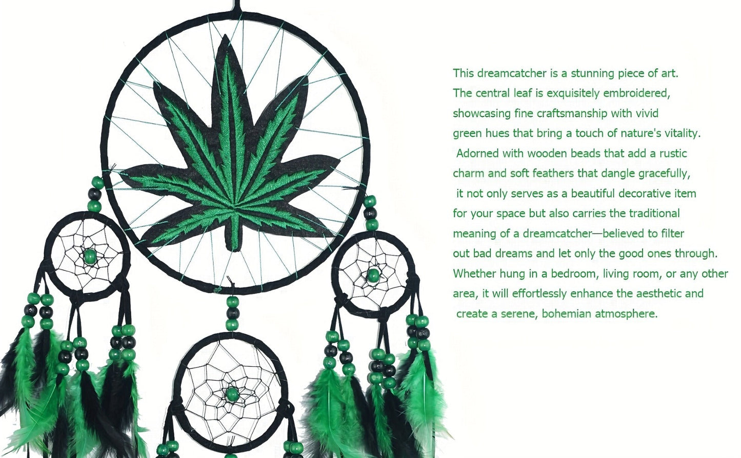 Bohemian Dream Catcher with Feathers & Leaf Embroidery, Boho Wall Hanging Decor for Bedroom, Bedside