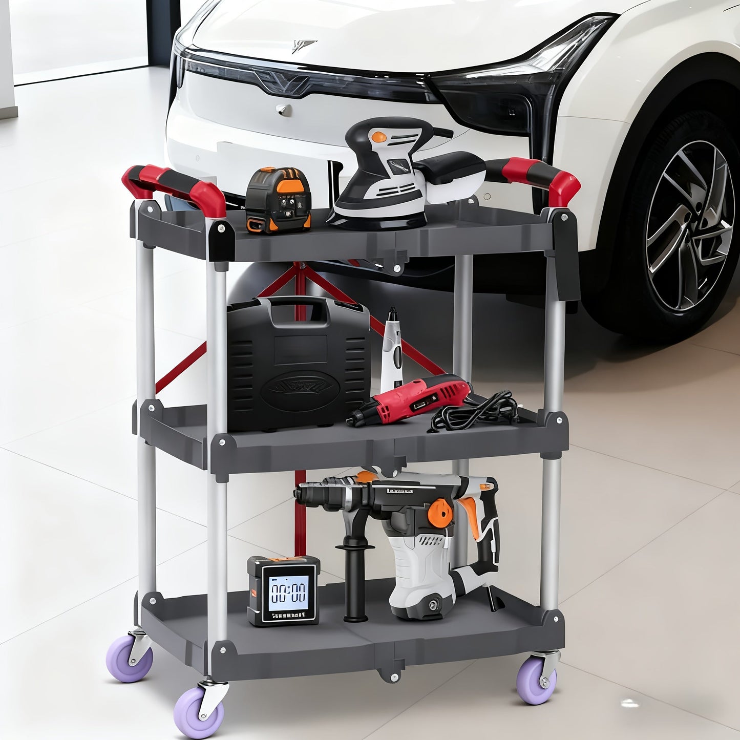 3-Tier Rolling Cart Collapsible Service Utility Cart on Wheels, Portable Folding 3 Shelf Cart for Kitchen Office Garage Workshop