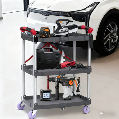 3-Tier Rolling Cart Collapsible Service Utility Cart on Wheels, Portable Folding 3 Shelf Cart for Kitchen Office Garage Workshop