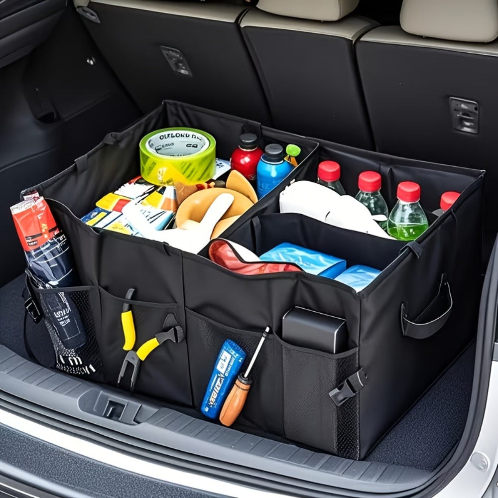 Car Trunk Organizer, Foldable Nylon Cargo Box with Adjustable Securing Straps, Side Pockets and Carry Handles