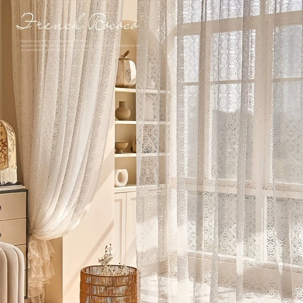 White French-Style Lace Sheer Curtain Panel with Rod-Pocket Header and Three Length Options