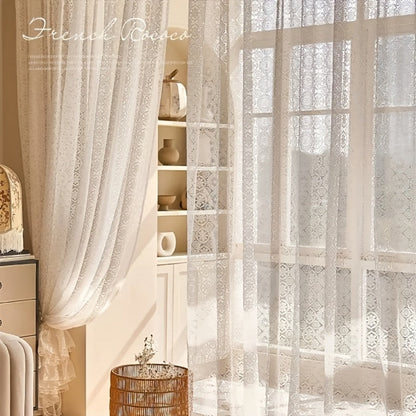 White French-Style Lace Sheer Curtain Panel with Rod-Pocket Header and Three Length Options