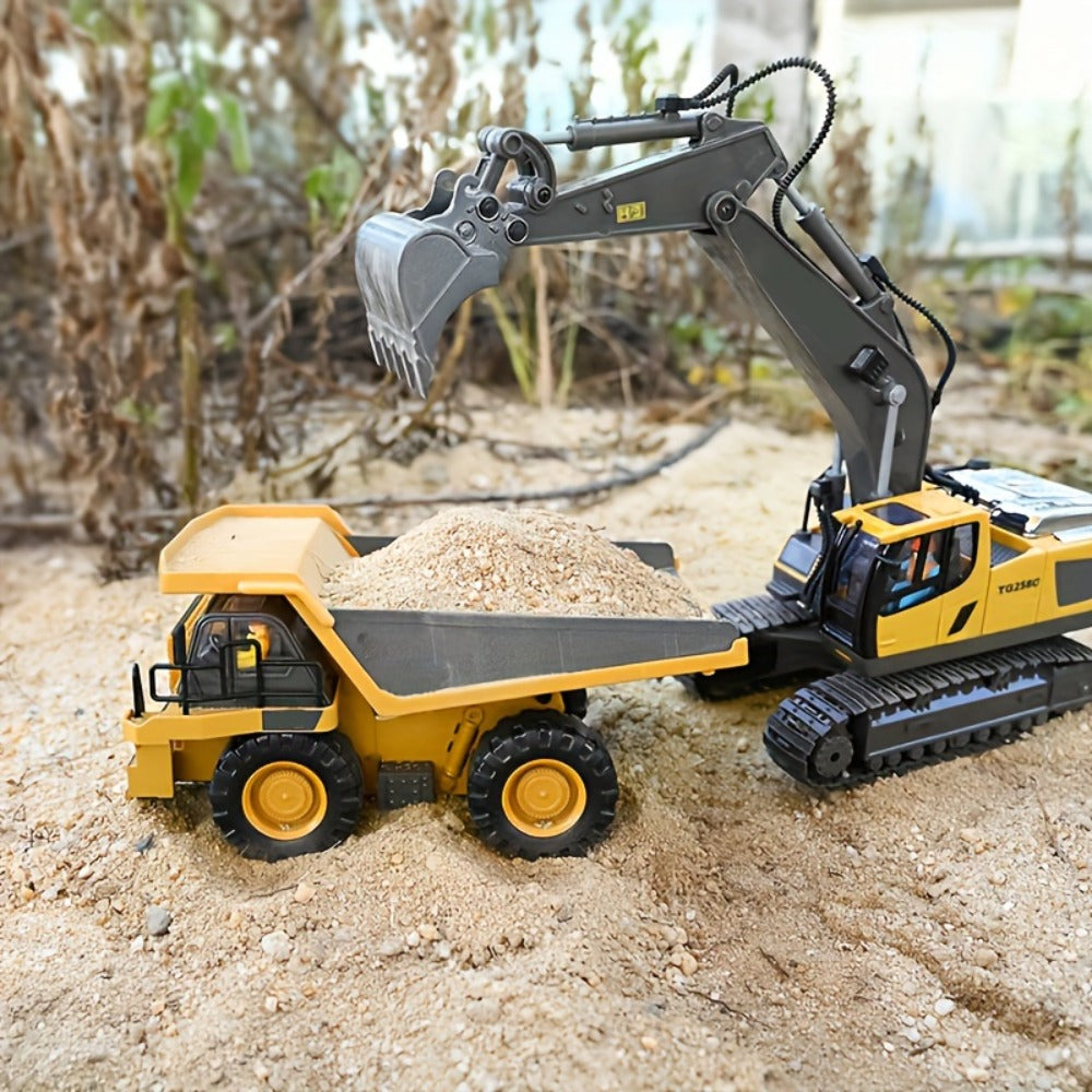 RC Construction Truck Toy 1:24 Scale Alloy Bulldozer Dump Truck & Excavator, 11-Channel Remote Control with Forward