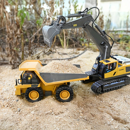 RC Construction Truck Toy 1:24 Scale Alloy Bulldozer Dump Truck & Excavator, 11-Channel Remote Control with Forward