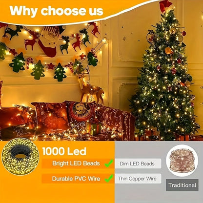 1000 LED 328ft Fairy String Lights Outdoor - White Twinkle Gypsophila Style, 8 Modes, Flexible Wire for Garden