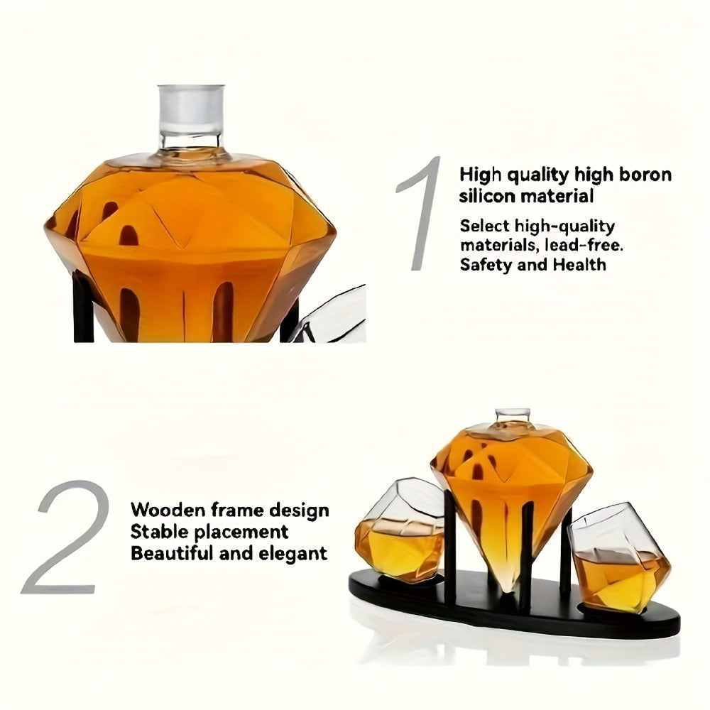 Whiskey Decanter Set with 2 Diamond Glasses & Wooden Rack, Brick Stone Design, Bourbon Rum Vodka Tequila Gift Set for Men Home Bar