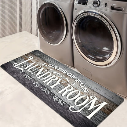 Non-Slip Laundry Room Mat Wood Grain Design – Heavy Duty Washable Rubber Backing Carpet | Rustic Dark Brown & Gray Kitchen Bathroom Rug |