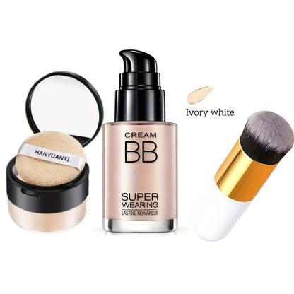 BB Cream Foundation & Setting Powder Set – Waterproof Matte Oil Control with Brush & Powder Puff, Long-Lasting Smooth Formula