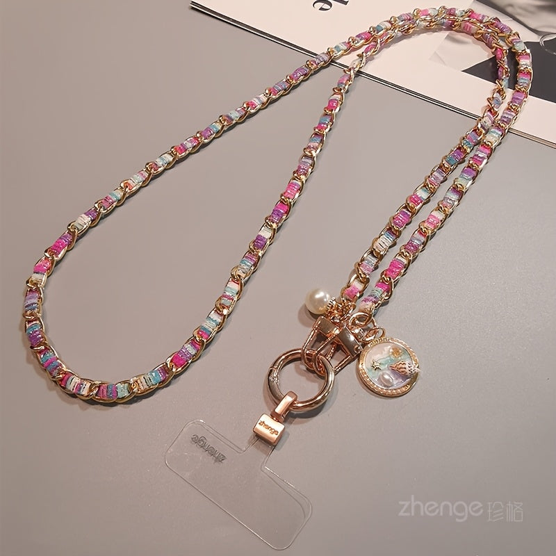 Metal Chain Phone Crossbody Strap Painted Fabric Long Lanyard Fashionable Disc Button Shoulder Phone Strap
