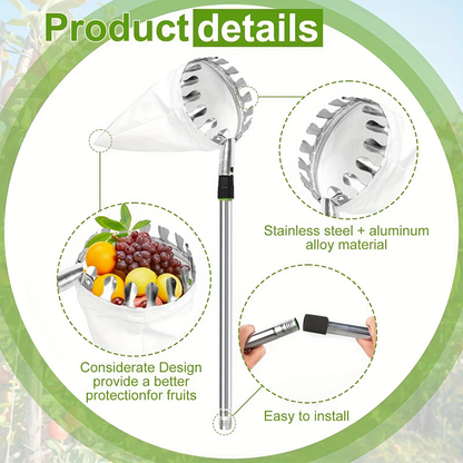 Stainless Steel Fruit Picker with Adjustable 63 to 157 Inch Extension Pole and Non-Slip Handle for Orchard Harvesting