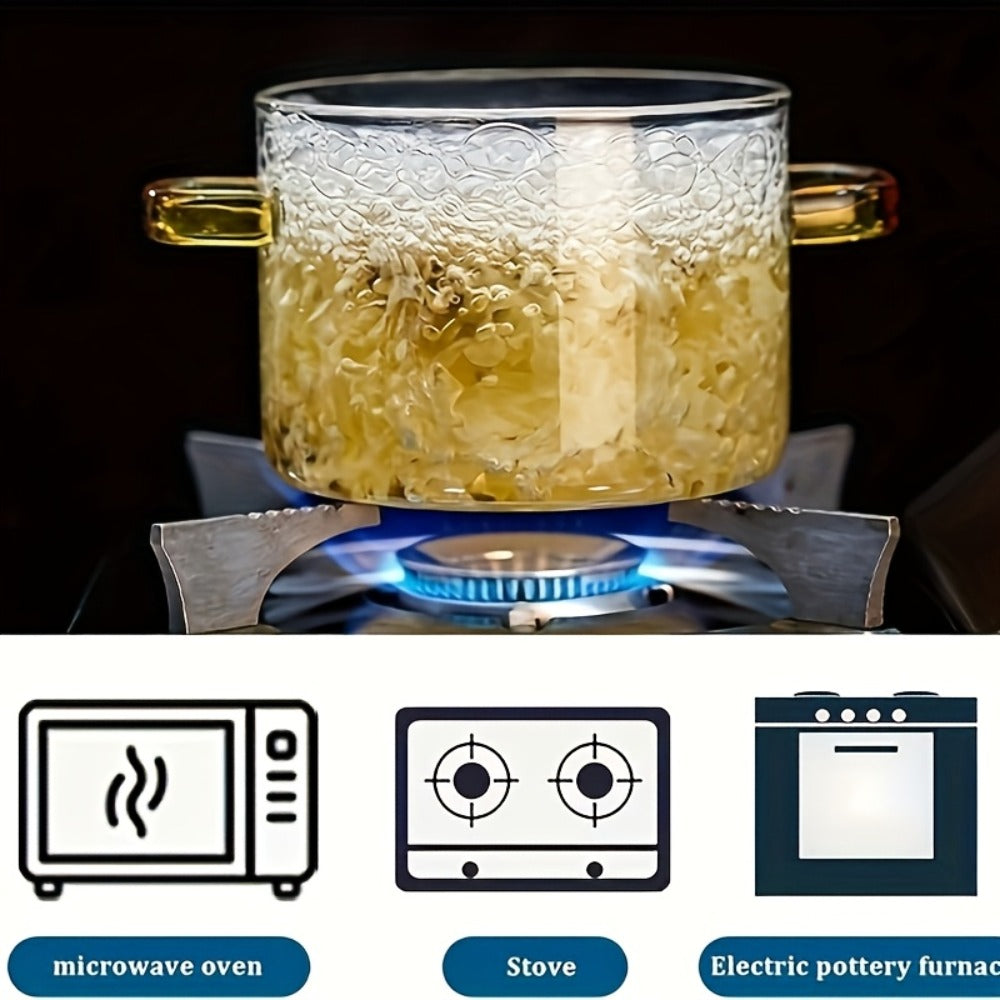 1.6L Transparent Glass Cooking Pot with Lid and Green or Yellow Side Handles for Soup, Noodles and Milk
