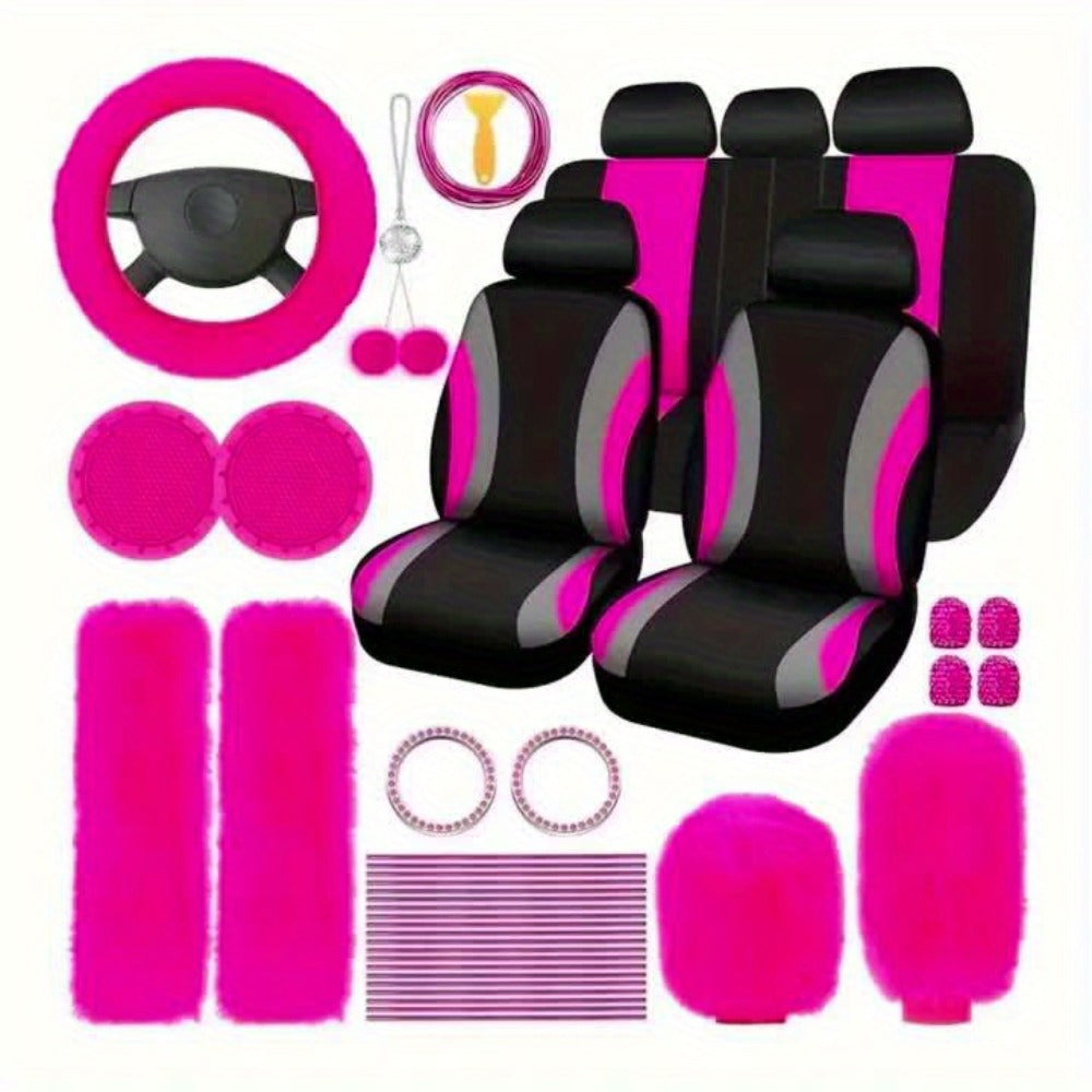 Car Interior Accessories Set for Women 45-Piece – Plush Steering Wheel Cover, Seat Cushion & Pendant, Universal Fit All Seasons