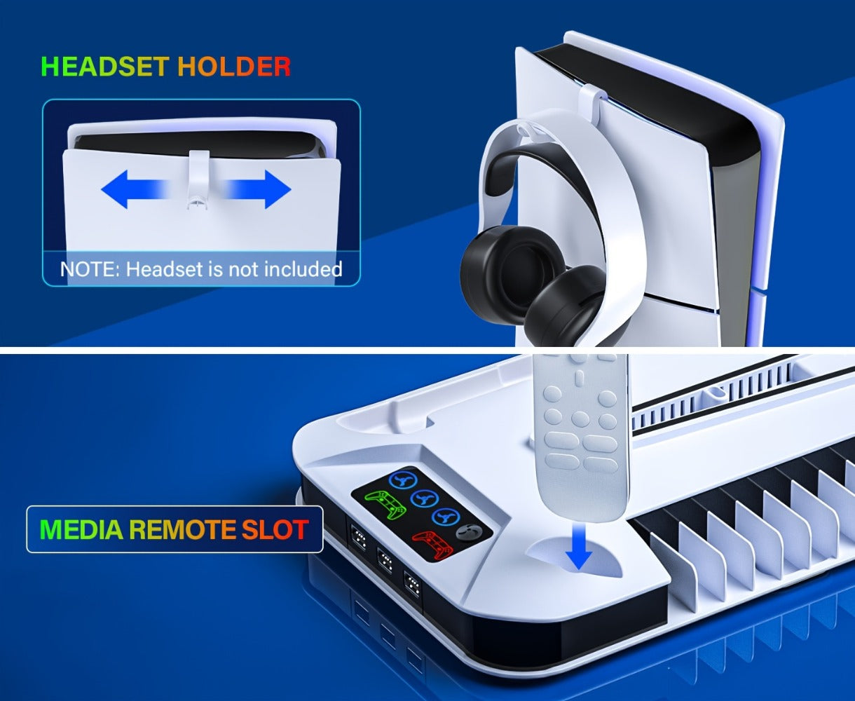 PS5 Cooling Station with USB Hub & Dual Controller Charging Dock for PS5/Slim/Pro, PlayStation 5 Stand Cooler with 3 USB Hubs