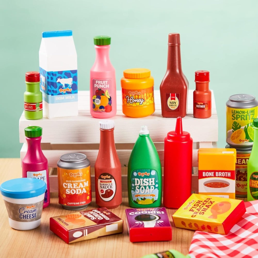 30 Pcs Play Food Grocery Cans Set - Pretend Kitchen Toy with Drinks, Juice, Snacks & Yogurt, Safe