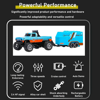 Mini RC Truck Toy 1:64 Scale 2.4GHz Off-Road Alloy Crawler with Detachable Trailer Body Lights & LED Headlights