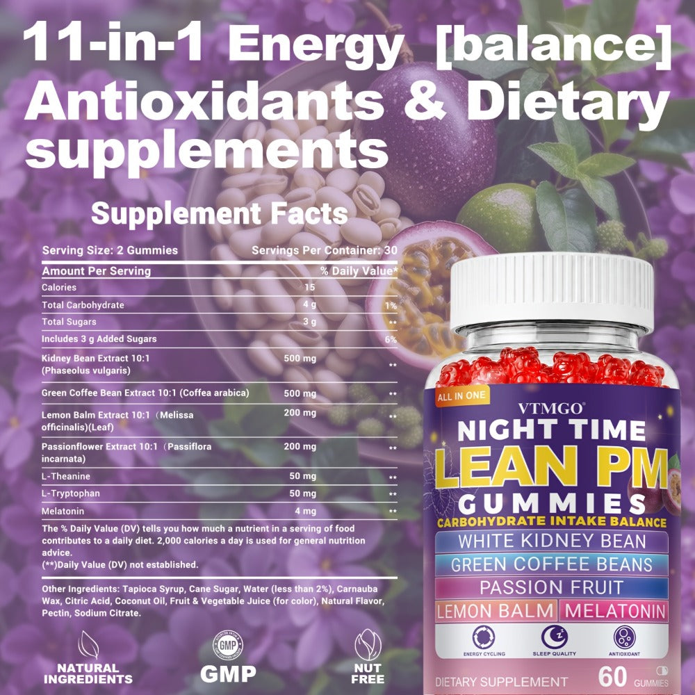 Sleep Gummies with Melatonin, Lemon Balm & Passionflower, Night Time Lean PM Formula, White Kidney Bean