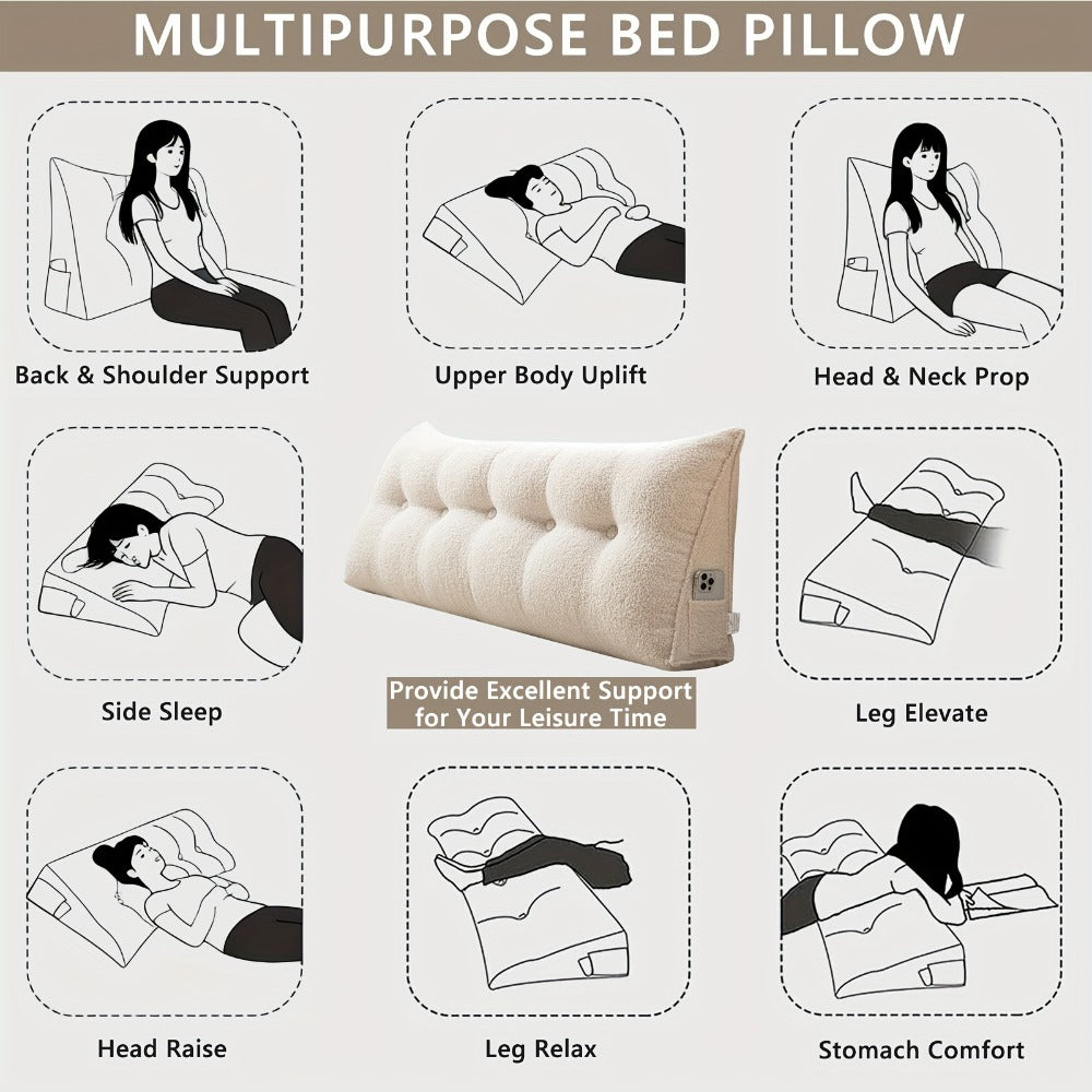 Bed Wedge Pillow Headboard Pillow with Side Pockets Removable Cover Teddy Velvet Reading Pillow Twin Queen King
