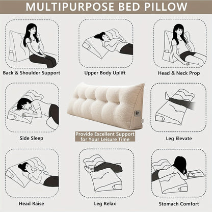 Bed Wedge Pillow Headboard Pillow with Side Pockets Removable Cover Teddy Velvet Reading Pillow Twin Queen King