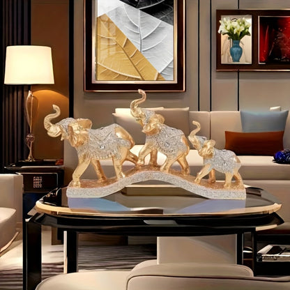 Golden Elephant Figurine Set of 3 – Lucky Elephant Statue Home Decor, Resin Elephant Family Sculpture for Living Room TV Cabinet Office