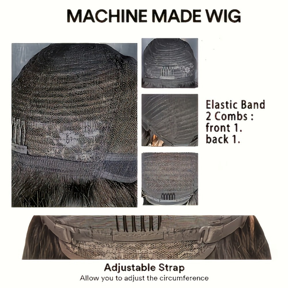 Wig Short Curly Pixie Bob in Natural Black, 6-Inch Human Hair with Bangs and Machine-Made Glueless Cap