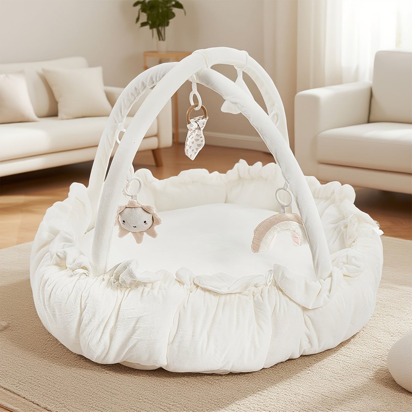 Convertible Round Pet Play Mat and Bed with Raised Sides, Removable Arches and Six Hanging Toys