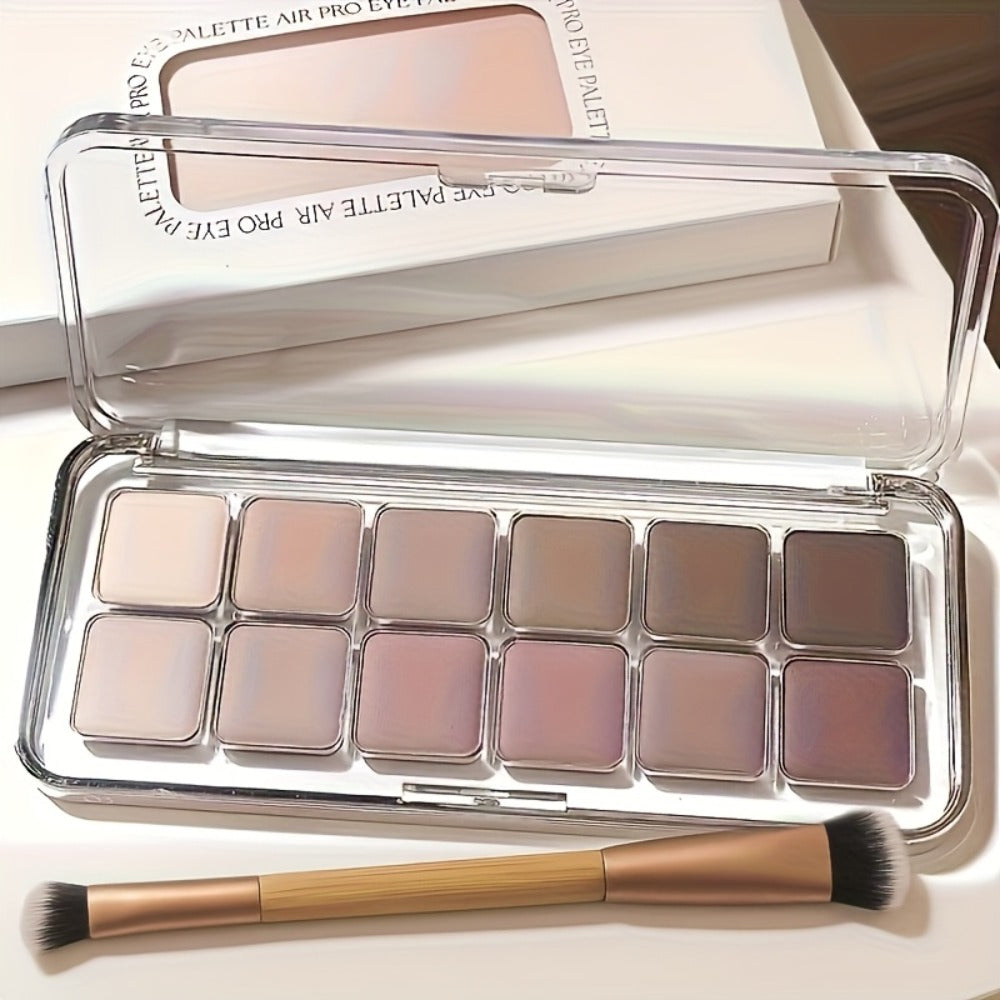 Eyeshadow Palette 12-Shade Neutral Pink and Brown Compact with Clear Lid and Brush Accessory