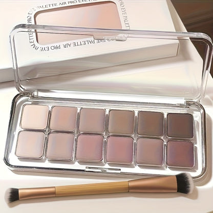 Eyeshadow Palette 12-Shade Neutral Pink and Brown Compact with Clear Lid and Brush Accessory