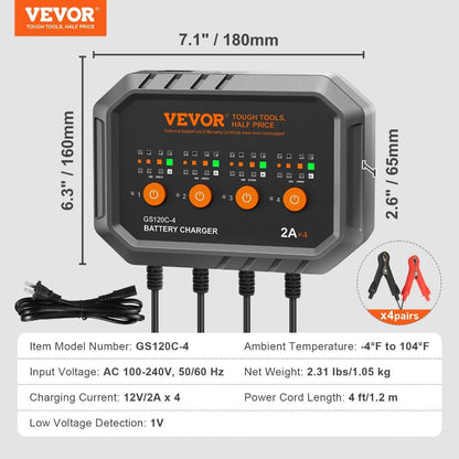 Smart Battery Charger 8A VEVOR Intelligent Charger & Maintainer for LiFePO4, AGM, Gel, SLA & Lead-Acid Batteries