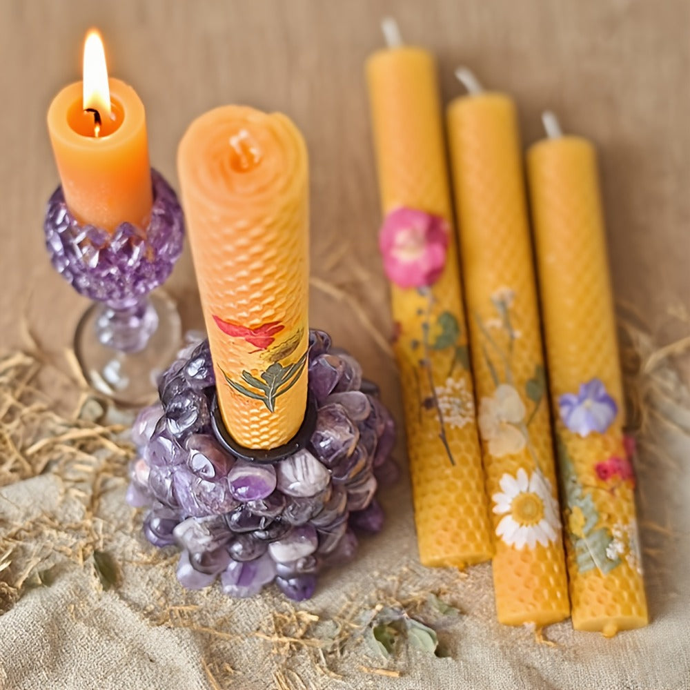 Floral Cone Candle Holders Set of 4, 10-Inch Decorative Beeswax Taper Candles for Holiday Parties