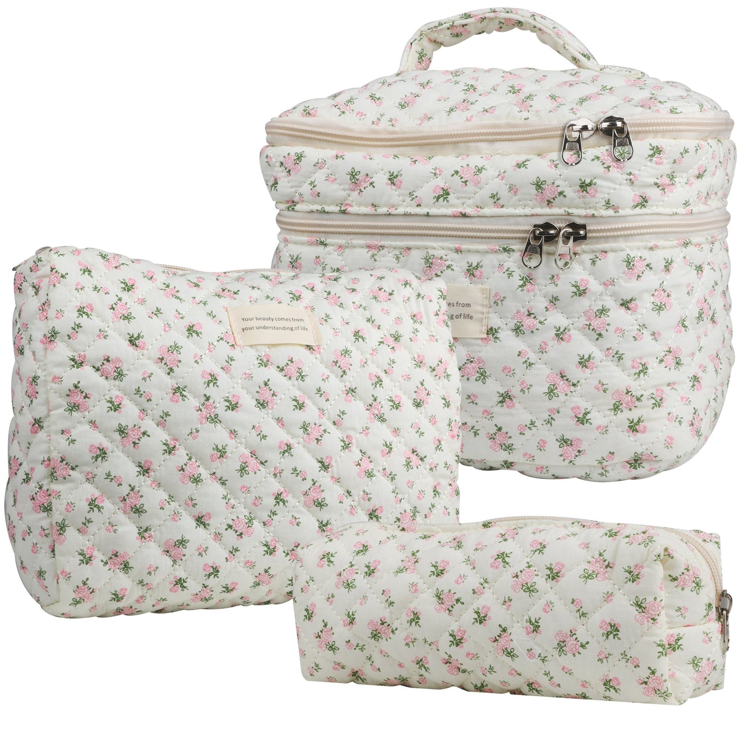 Quilted Floral Makeup Bag Set 3PCS Large Capacity Dual Layer Cotton Cosmetic Bags Coquette Aesthetic Travel Toiletry Organizer Gift