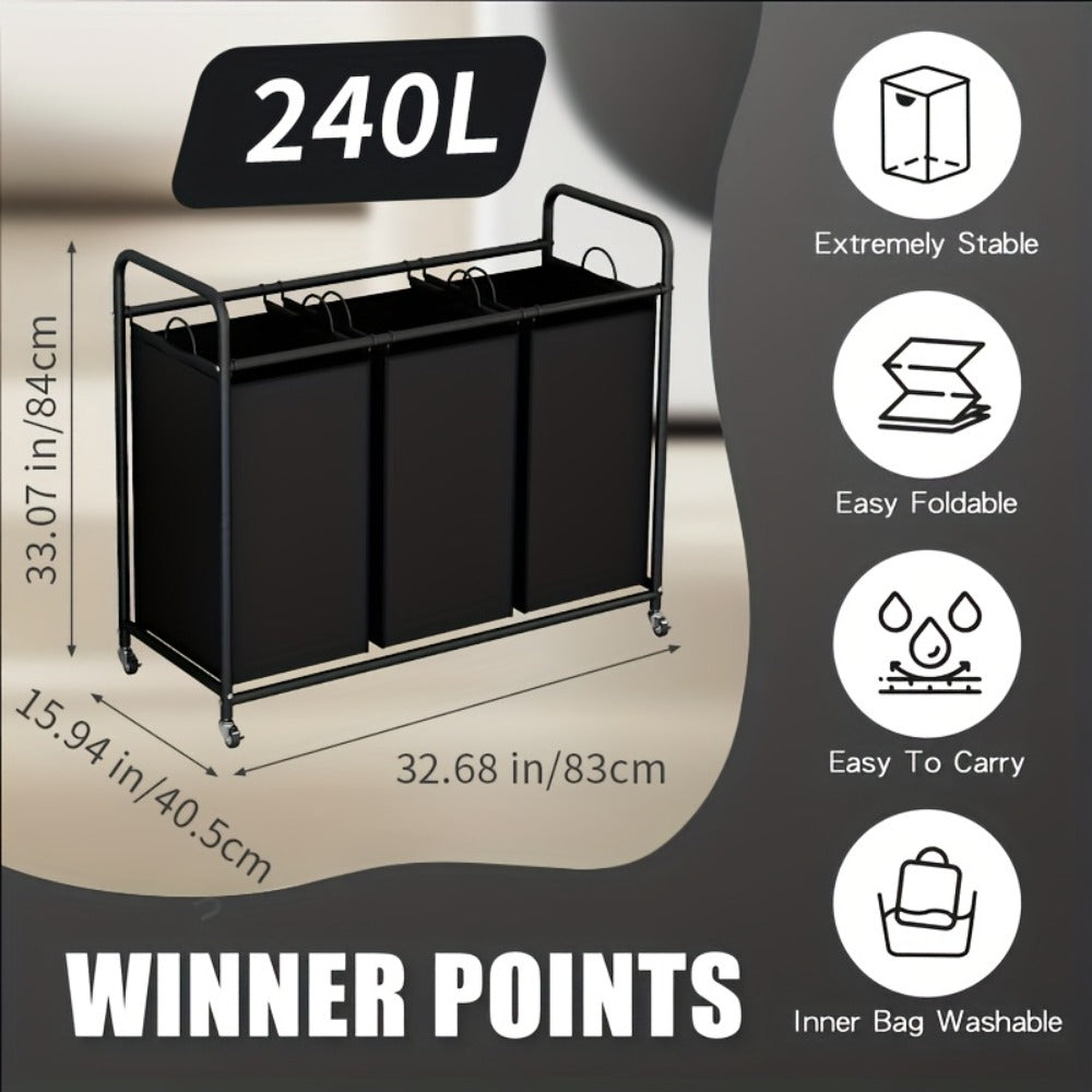 3-Bag Laundry Sorter Cart 63.4 Gallon, Rolling Hamper with Lockable Wheels & Removable Bags