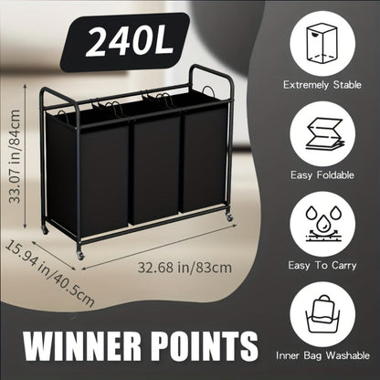 3-Bag Laundry Sorter Cart 63.4 Gallon, Rolling Hamper with Lockable Wheels & Removable Bags