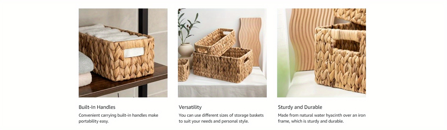 Storage Baskets, Seagrass and Water Hyacinth with Built-In Handles in Six Style Options with Material, Size and Pack Options for Shelf