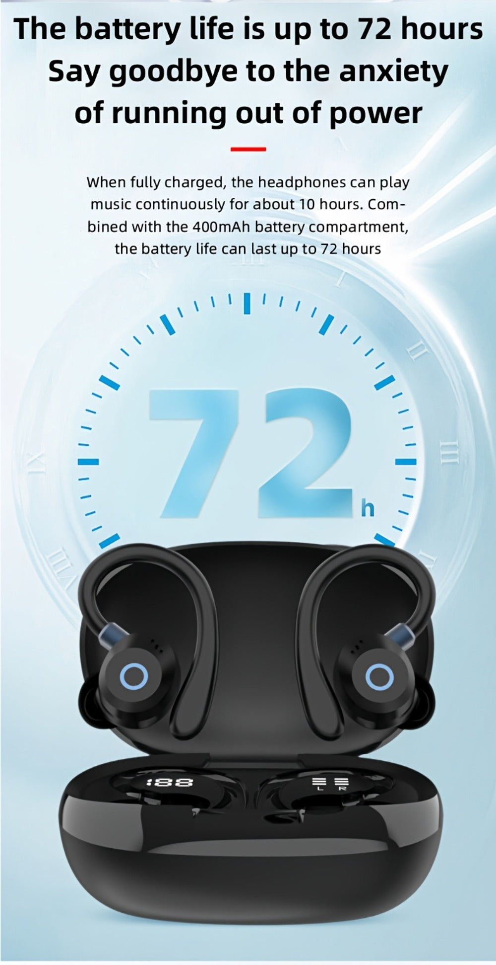 Wireless Earbuds Stereo In-Ear with LED Display Case, Touch Controls and Black, Blue or White Options