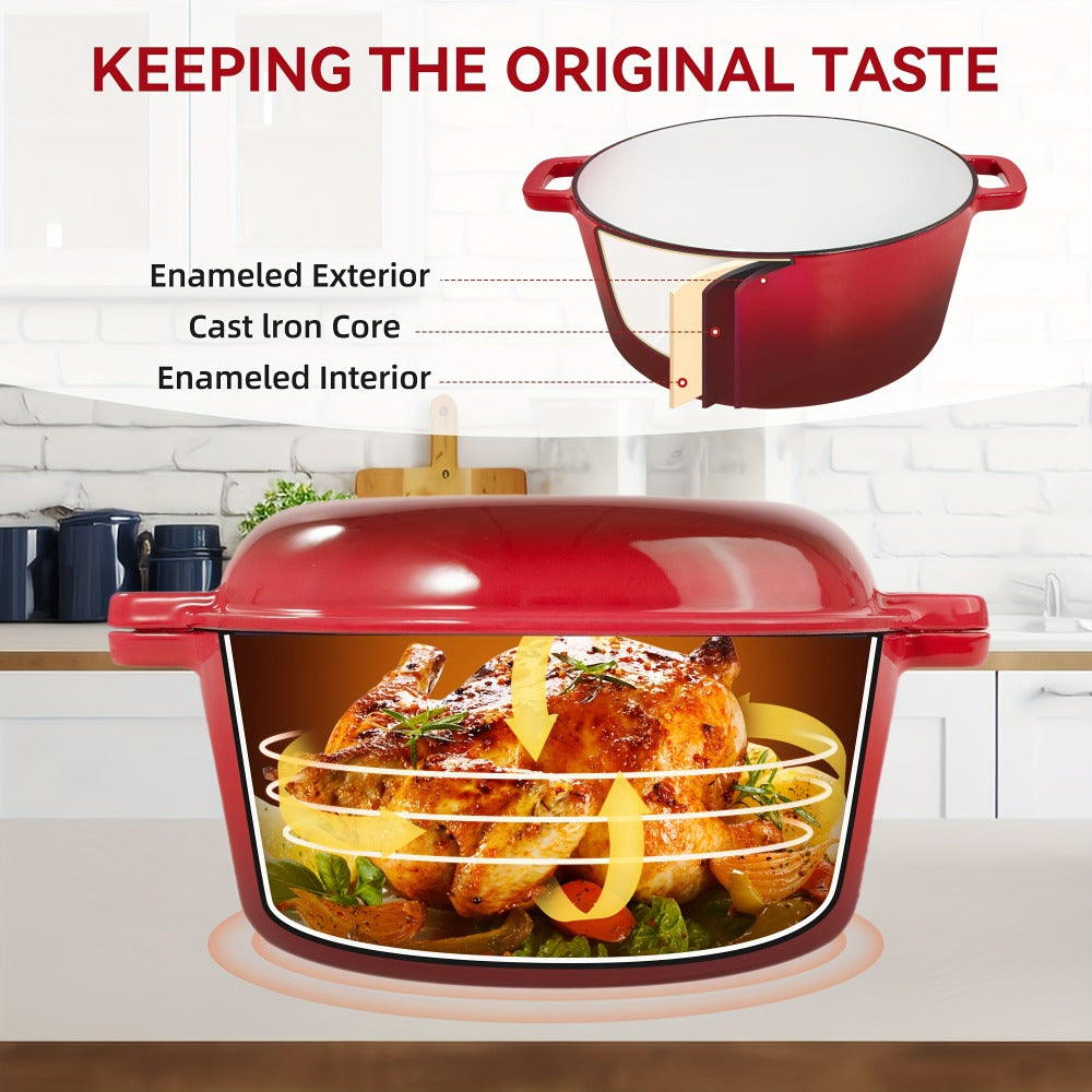 6QT Enameled Cast Iron Dutch Oven with Reversible 2QT Skillet-Style Lid and Four Color Options