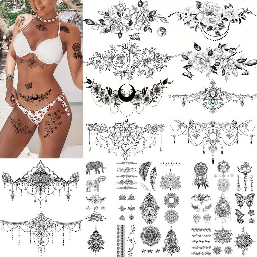 Temporary Tattoos, 10-Sheet Large Black Body Art Set with 60-Plus Floral, Ornamental and Symbol Motifs
