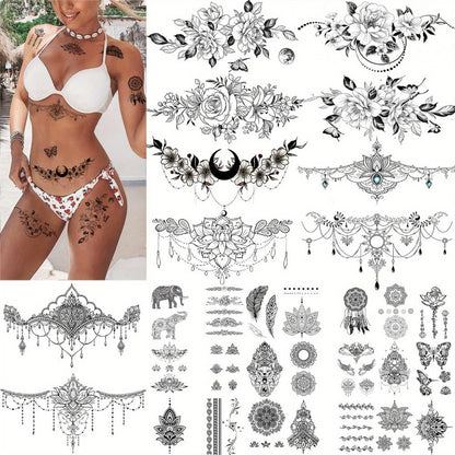 Temporary Tattoos, 10-Sheet Large Black Body Art Set with 60-Plus Floral, Ornamental and Symbol Motifs