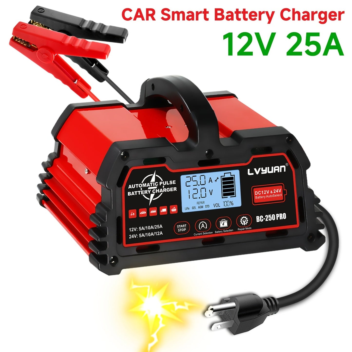 Smart Battery Charger 12V 25A 24V 12A 8-Stage Trickle Charger with Temperature Compensation for LiFePO4 Lead Acid Car Truck Motorcycle Boat