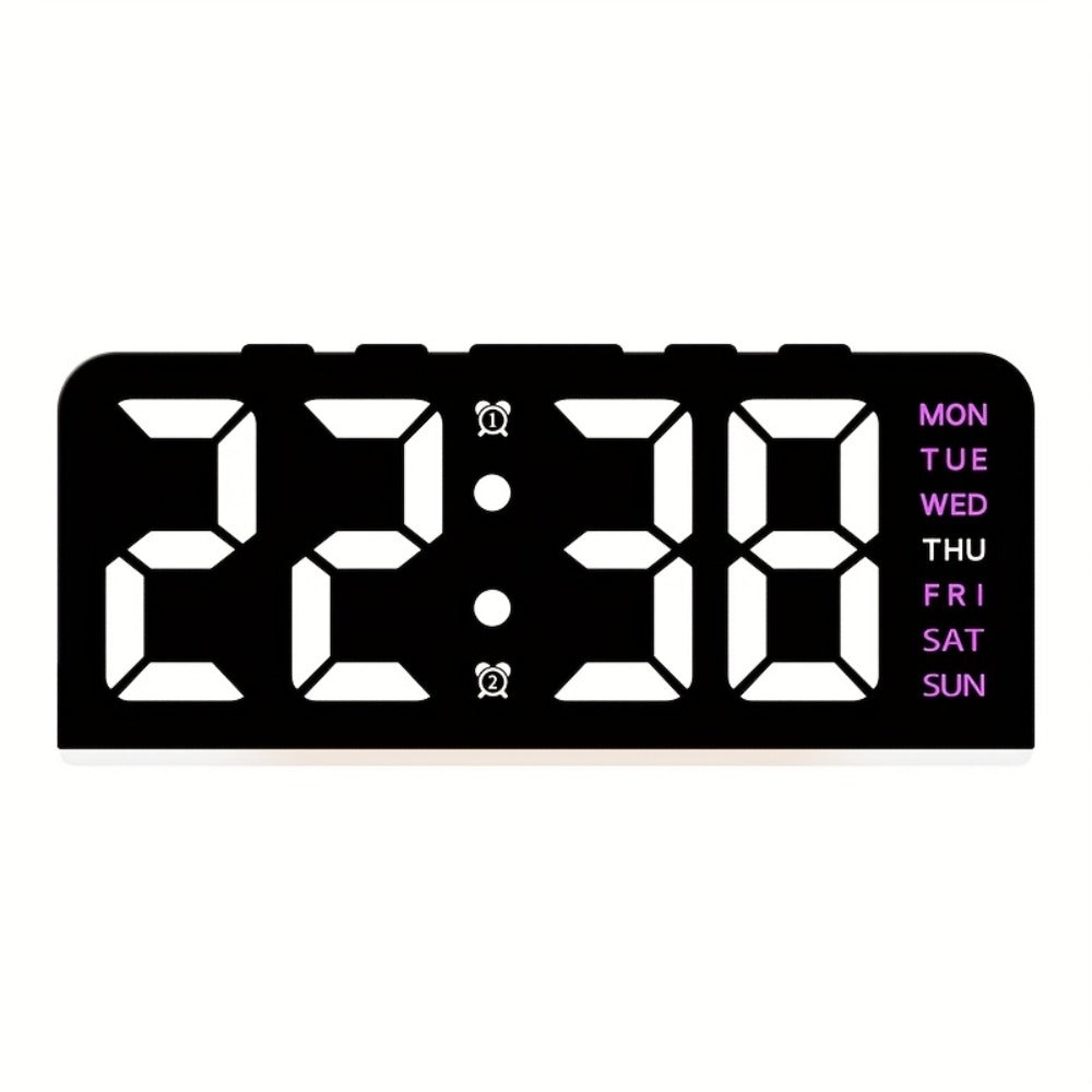 Purple-Accent LED Desk Alarm Clock with Time, Weekday and Date Display, Four Brightness Levels and USB Power