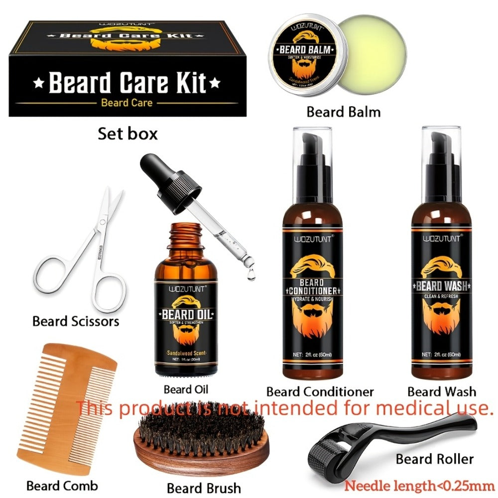 Beard Oil & Balm Grooming Kit for Men – 9-Piece Complete Beard Care Set with Conditioner Wash Brush Comb Clippers Travel Pouch