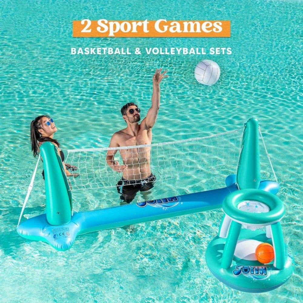 Inflatable Pool Volleyball Set with Basketball Hoop, 2-in-1 Floating Net Court Game for Kids & Adults