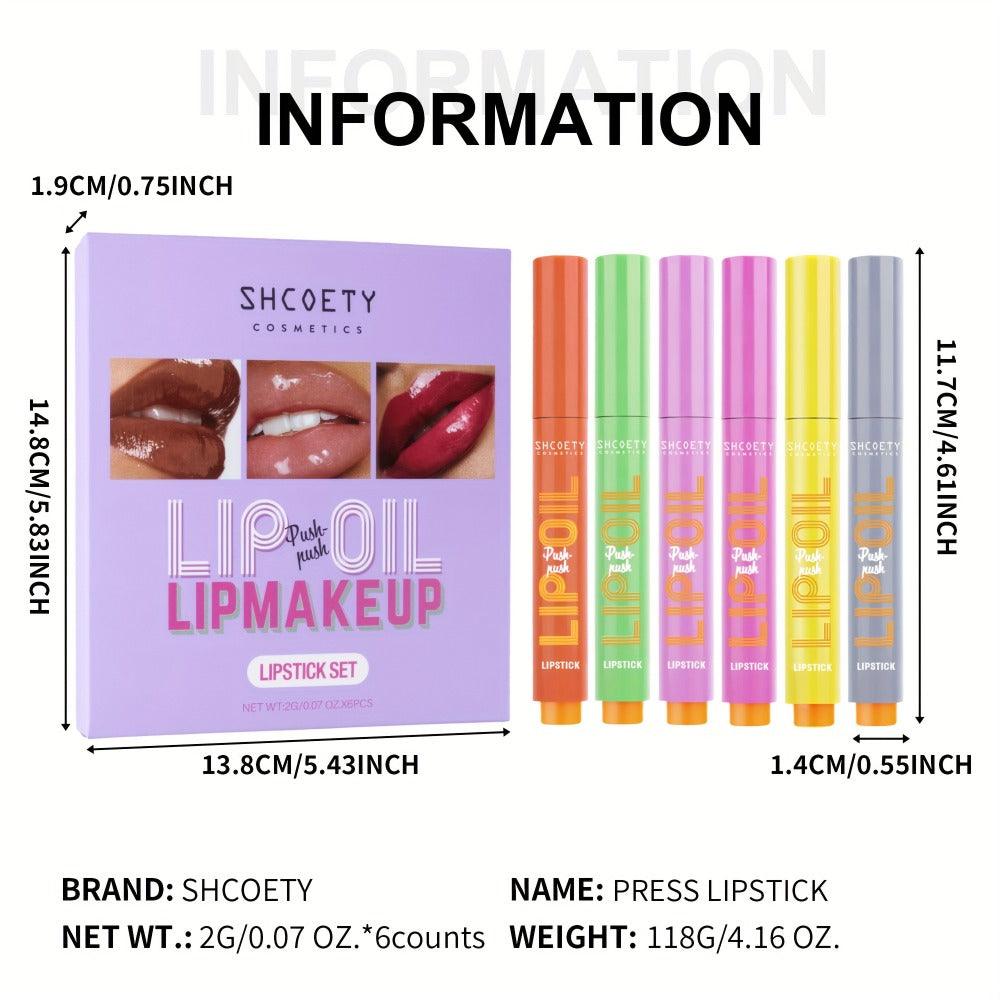 6-Piece Neon Press-On Lip Gloss Set High-Gloss Bold Lip Makeup, for Makeup, Travel and Everyday Vanity Use