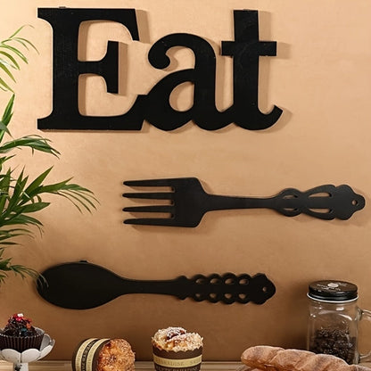 Black Wood EAT Kitchen Wall Decor, Three-Piece Set with Fork, Spoon and 13.8-Inch Letter Sign