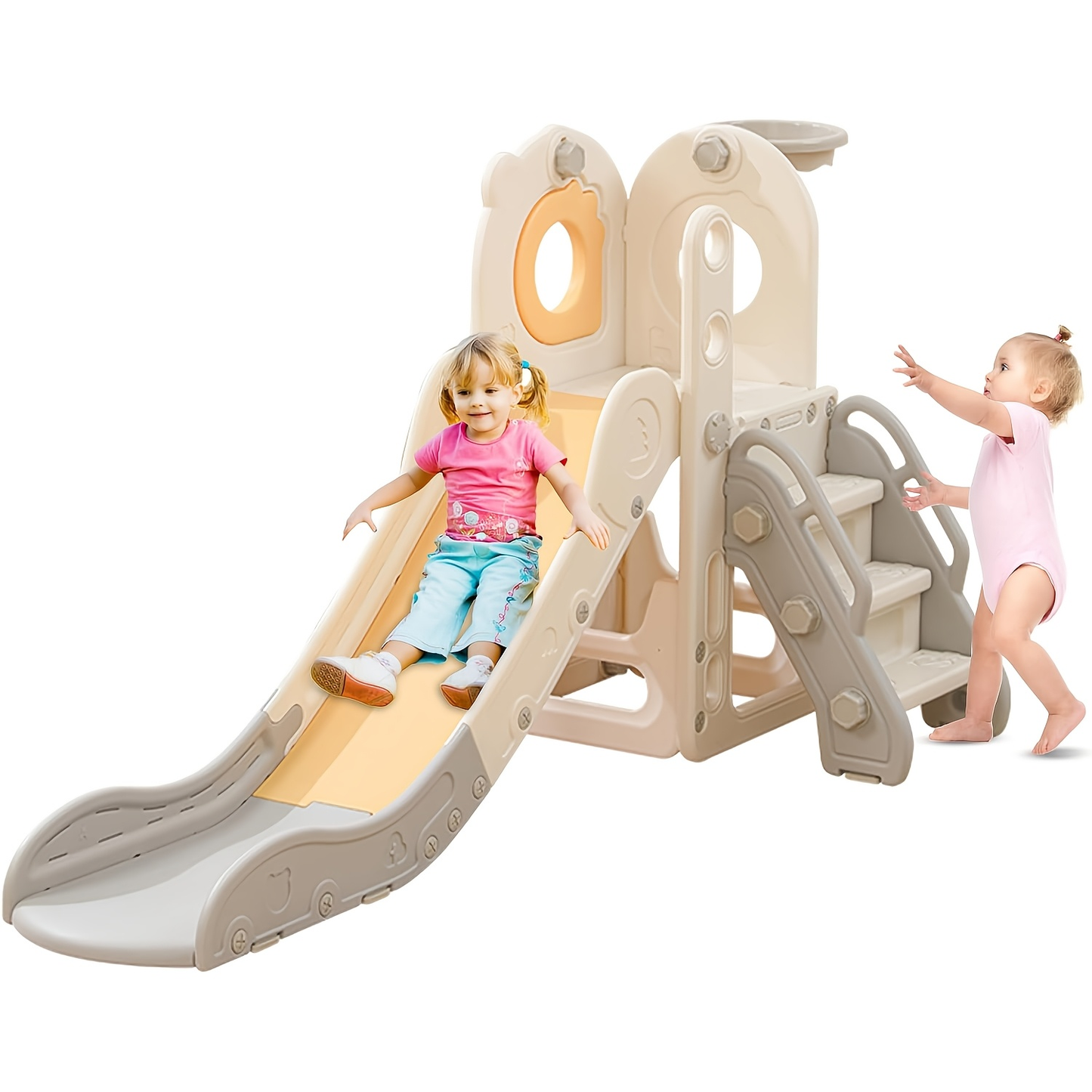 5-in-1 Toddler Slide with Basketball Hoop L-Shaped Freestanding Kids Indoor Outdoor Slide for Toddlers Ages 1-3 Boys Girls Birthday