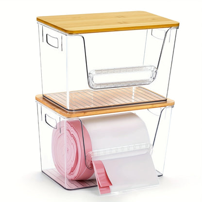 Clear Stackable Trash Bag Roll Dispenser with Bamboo Lid and One-, Two- or Four-Pack Options