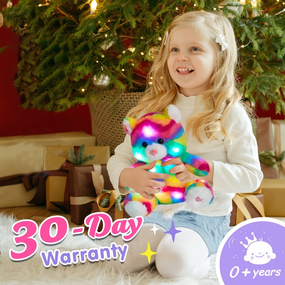 Plush Toy Rainbow Cat with Glowing Color Points and Music for Bright Interactive Display for Character Display, Room Decor and Gift